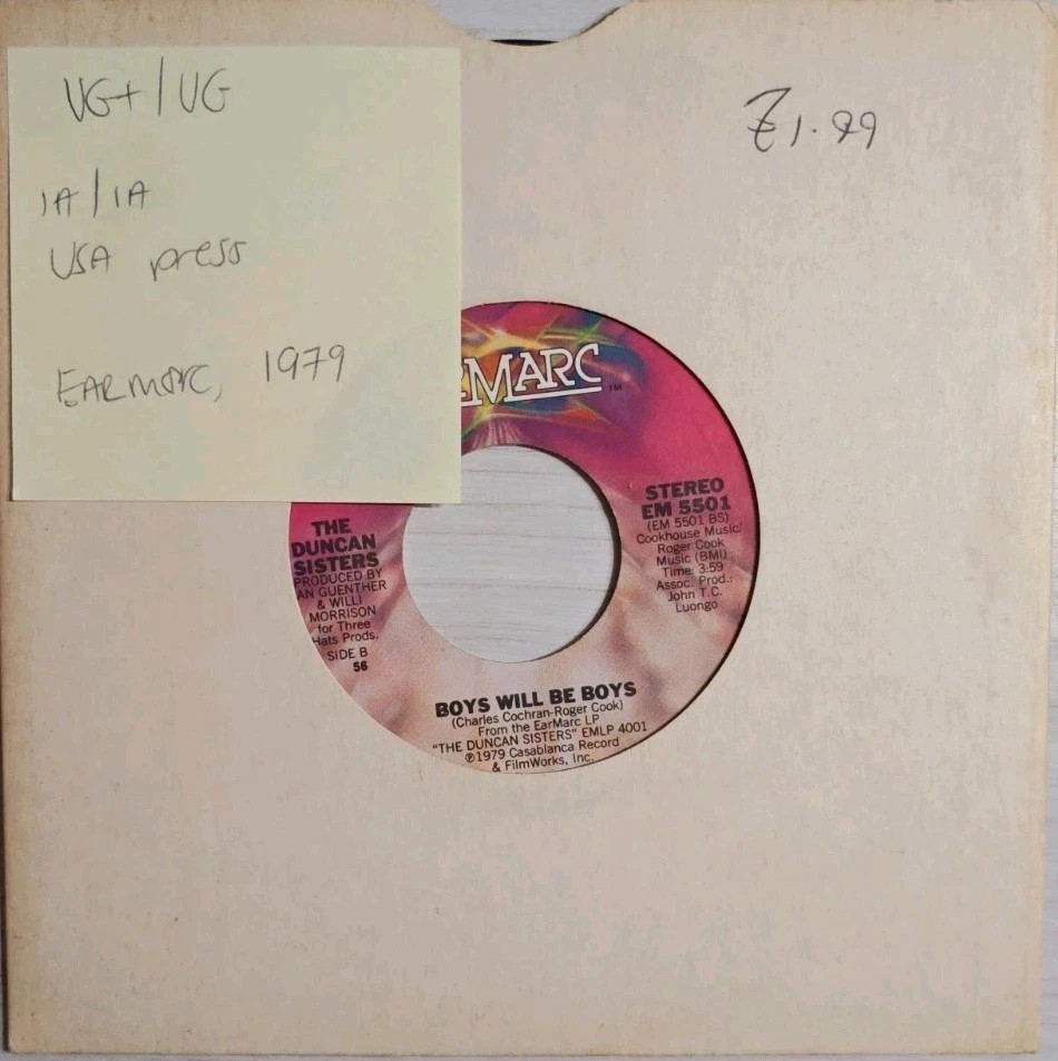 The Duncan Sisters Boys Will Be Boys Vinyl Record 7" VG+/VG EM5501 1979 sleeve The Duncan Sisters Boys Will Be Boys Vinyl Record 7" VG+/VG EM5501 1979 sleeve