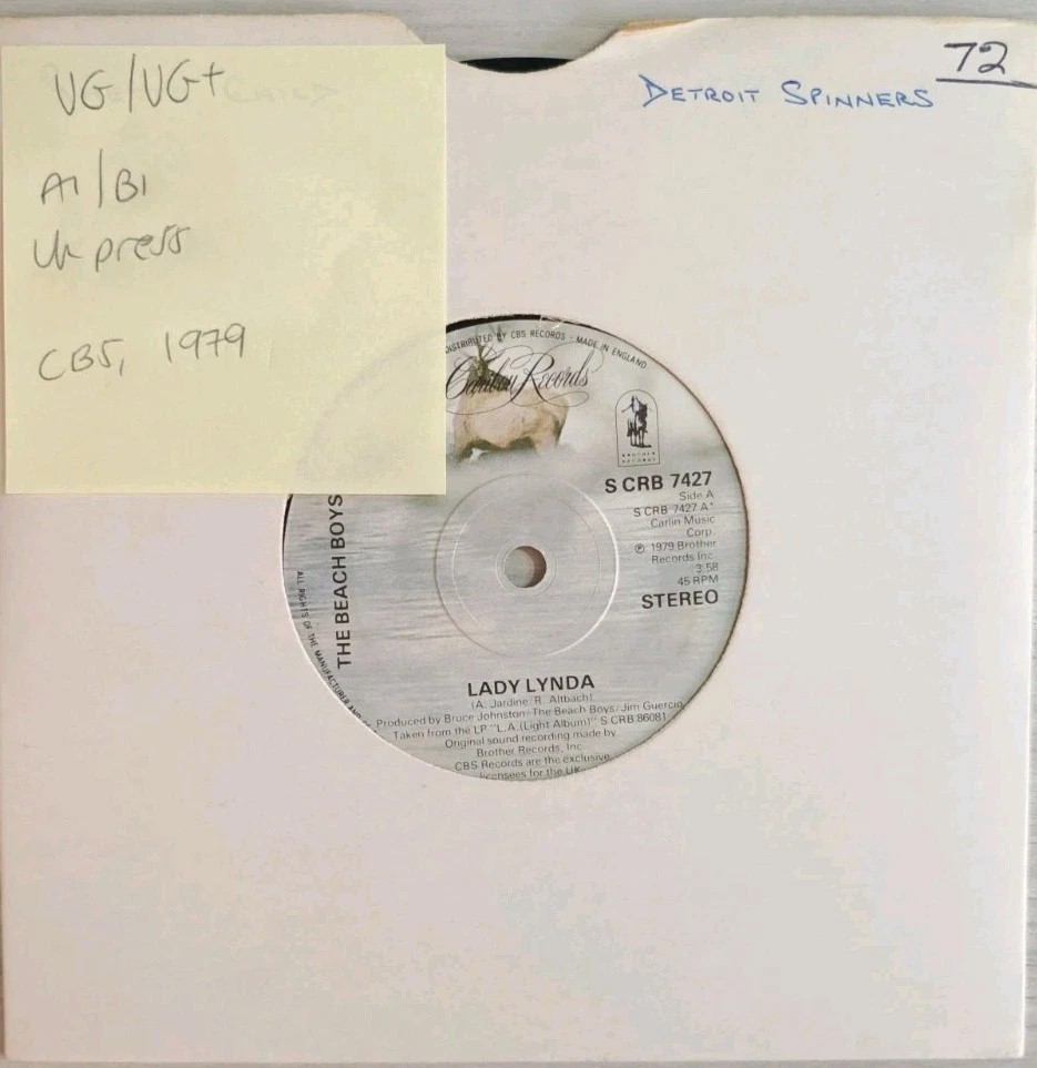 The Beach Boys Lady Lynda Vinyl Record 7" VG/VG+ CRB7427 1979 sleeve The Beach Boys Lady Lynda Vinyl Record 7" VG/VG+ CRB7427 1979 sleeve