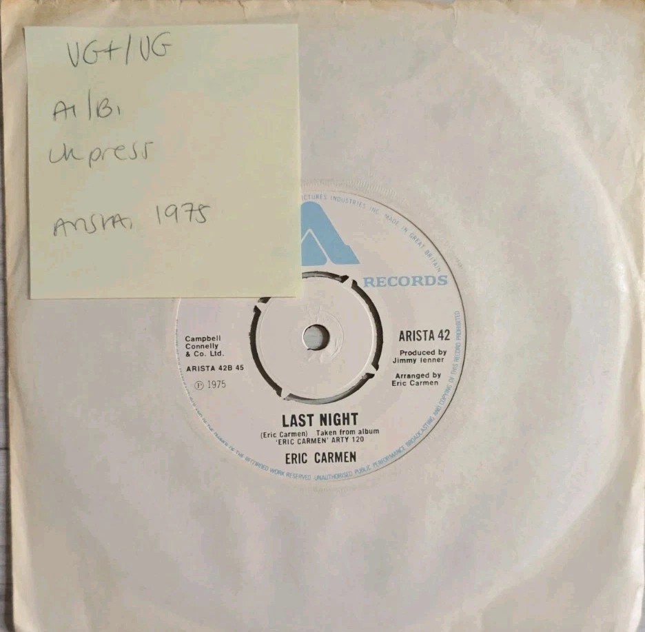 Eric Carmen All By Myself Vinyl Record 7" VG+/VG ARISTA 42 1975 sleeve Eric Carmen All By Myself Vinyl Record 7" VG+/VG ARISTA 42 1975 sleeve