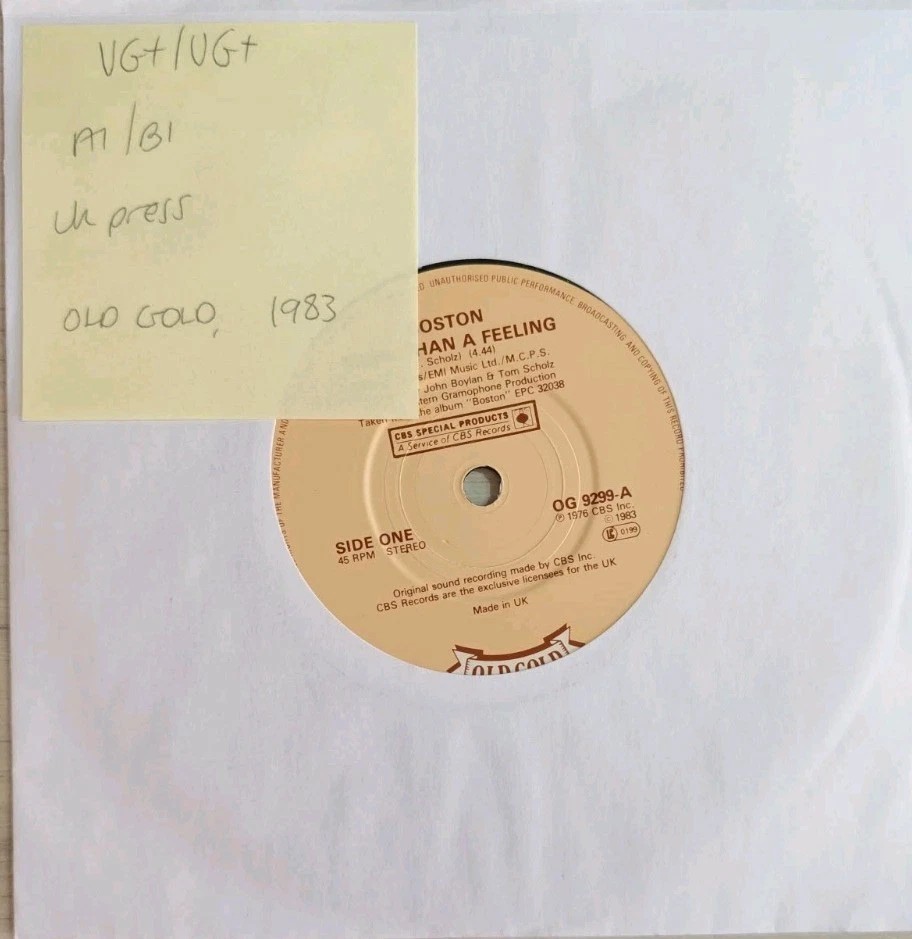 Boston More Than A Feeling Vinyl Record 7" VG+/VG+ OG9299 1983 sleeve Boston More Than A Feeling Vinyl Record 7" VG+/VG+ OG9299 1983 sleeve