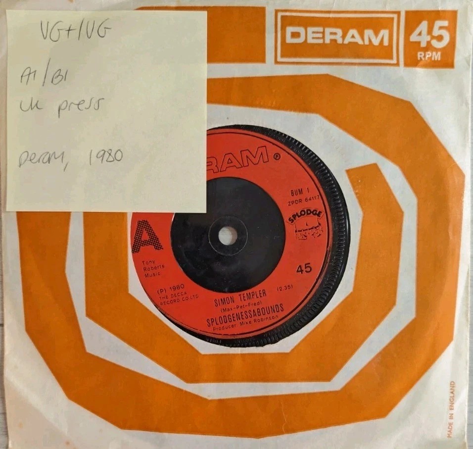 Splodgenessabounds Simon Templer Vinyl Record 7" VG+/VG BUM1 1980 sleeve Splodgenessabounds Simon Templer Vinyl Record 7" VG+/VG BUM1 1980 sleeve