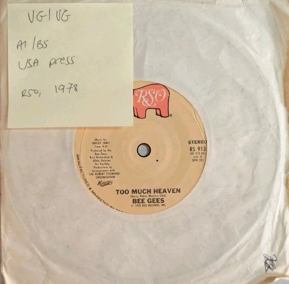Bee Gees Too Much Heaven Vinyl Record 7" VG/VG RS 913 1978 sleeve Bee Gees Too Much Heaven Vinyl Record 7" VG/VG RS 913 1978 sleeve