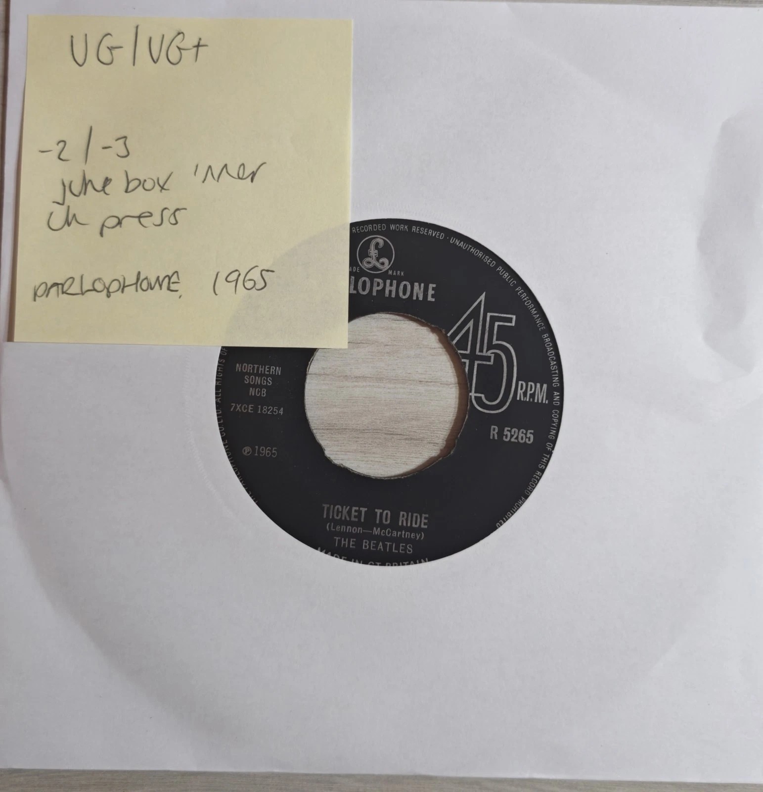 The Beatles Ticket To Ride Vinyl Record 7" VG/VG+ R5265 1965 sleeve The Beatles Ticket To Ride Vinyl Record 7" VG/VG+ R5265 1965 sleeve