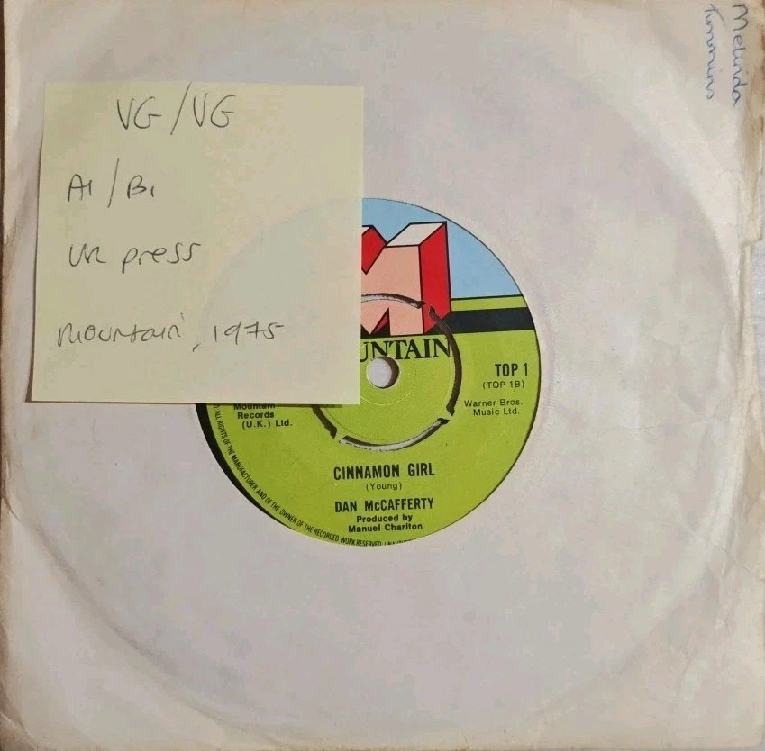 Dan McCafferty Cinnamon Girl Vinyl Record 7" VG/VG TOP1 1975 sleeve Dan McCafferty Cinnamon Girl Vinyl Record 7" VG/VG TOP1 1975 sleeve