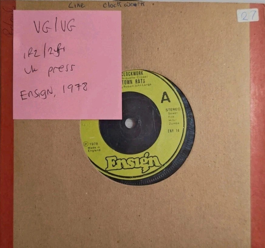 The Boomtown Rats Like Clockwork Vinyl Record 7" VG/VG ENY 14 1978 sleeve The Boomtown Rats Like Clockwork Vinyl Record 7" VG/VG ENY 14 1978 sleeve
