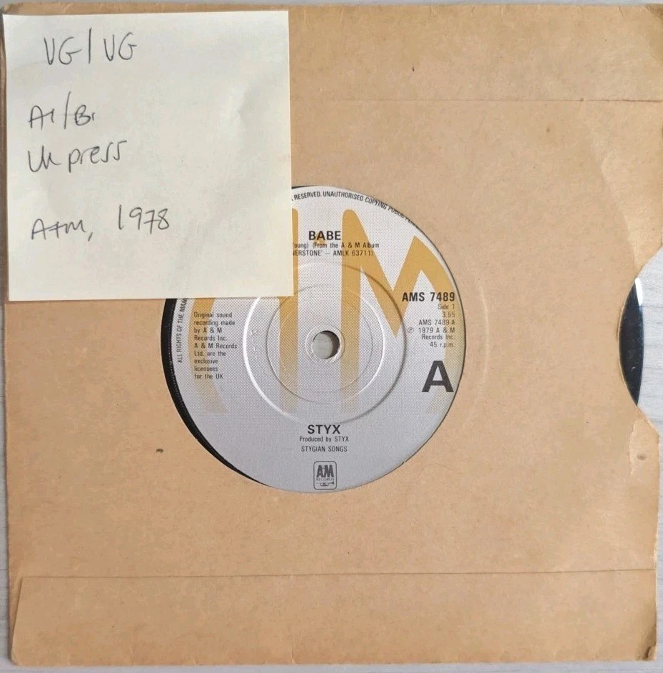 Styx Babe / I’m Ok Vinyl Record 7" VG/VG AMS 7489 1979 sleeve Styx Babe / I’m Ok Vinyl Record 7" VG/VG AMS 7489 1979 sleeve