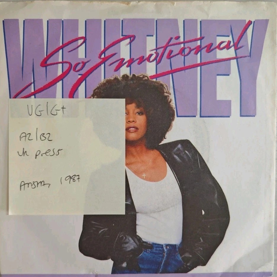 Whitney Houston So Emotional Vinyl Record 7" VG/G+ RIS43 1987 vinyl record sleeve Whitney Houston So Emotional Vinyl Record 7" VG/G+ RIS43 1987 vinyl record sleeve