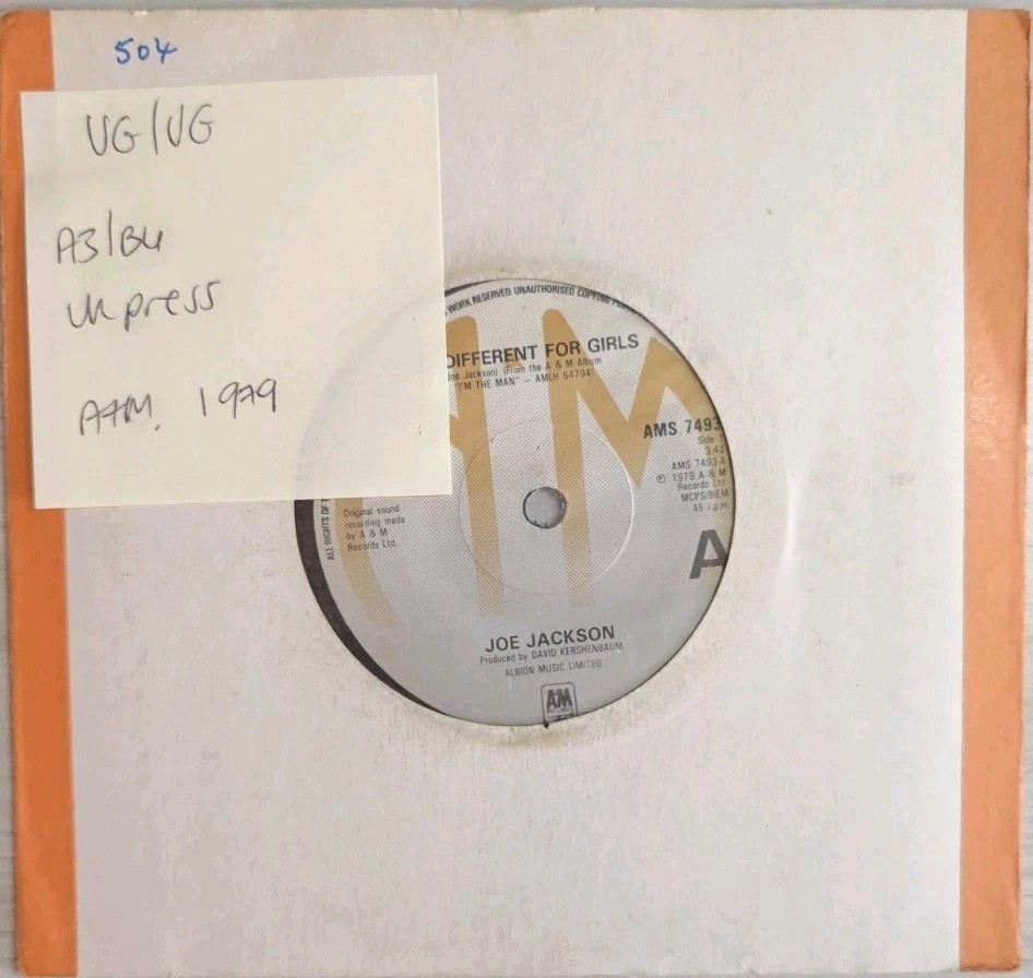 Joe Jackson It's DIfferent For Girls Vinyl Record 7" VG/VG AMS7493 1979 vinyl record sleeve Joe Jackson It's DIfferent For Girls Vinyl Record 7" VG/VG AMS7493 1979 vinyl record sleeve