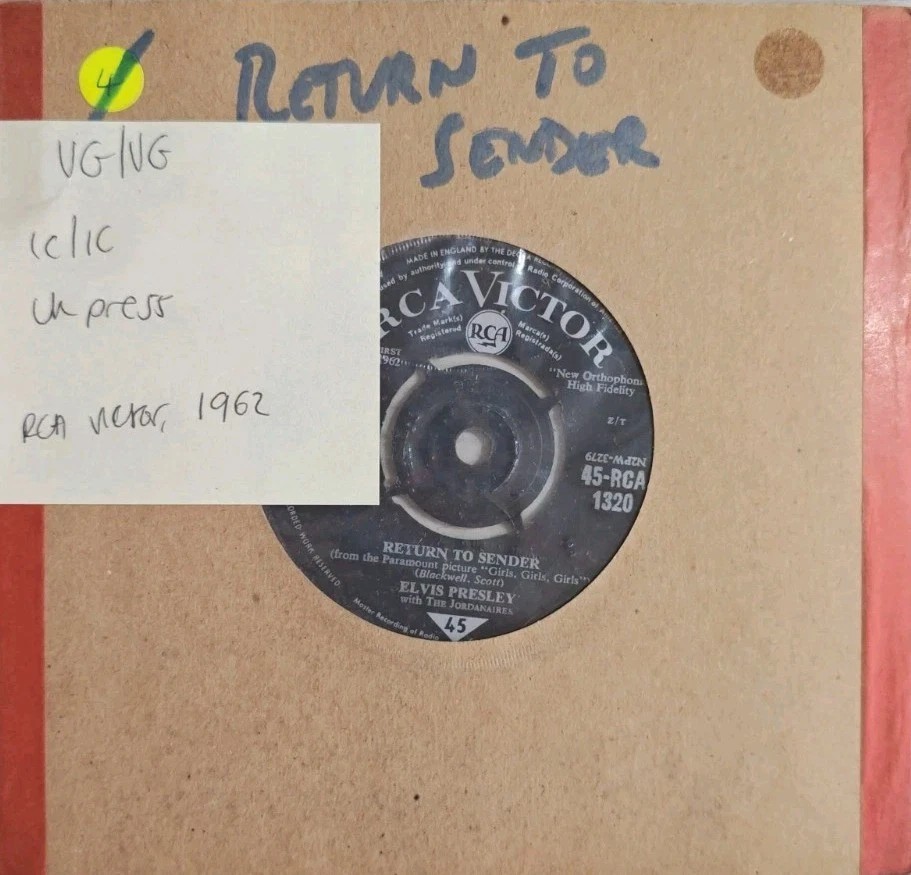 Elvis Presley Return To Sender Vinyl Record 7" VG/VG RCA 1320 1962 sleeve Elvis Presley Return To Sender Vinyl Record 7" VG/VG RCA 1320 1962 sleeve