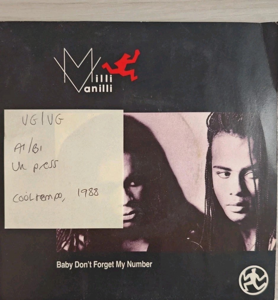 Milli Vanilli Baby Don't Forget My Number Vinyl Record 7" VG/VG COOL178 1988 sleeve Milli Vanilli Baby Don't Forget My Number Vinyl Record 7" VG/VG COOL178 1988 sleeve