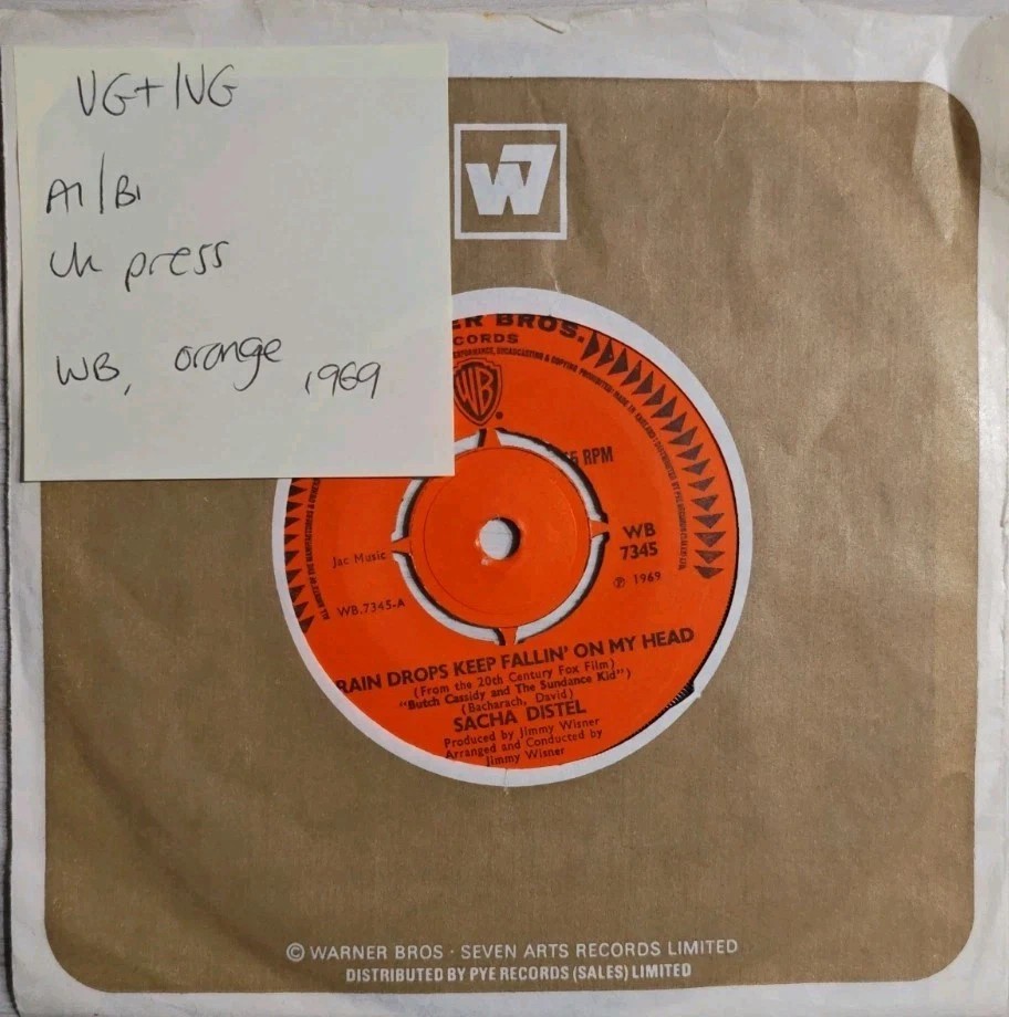 Sacha Distel Rain Drops Keep Fallin' On My Head Vinyl Record 7" VG+/VG WB 7345 sleeve Sacha Distel Rain Drops Keep Fallin' On My Head Vinyl Record 7" VG+/VG WB 7345 sleeve