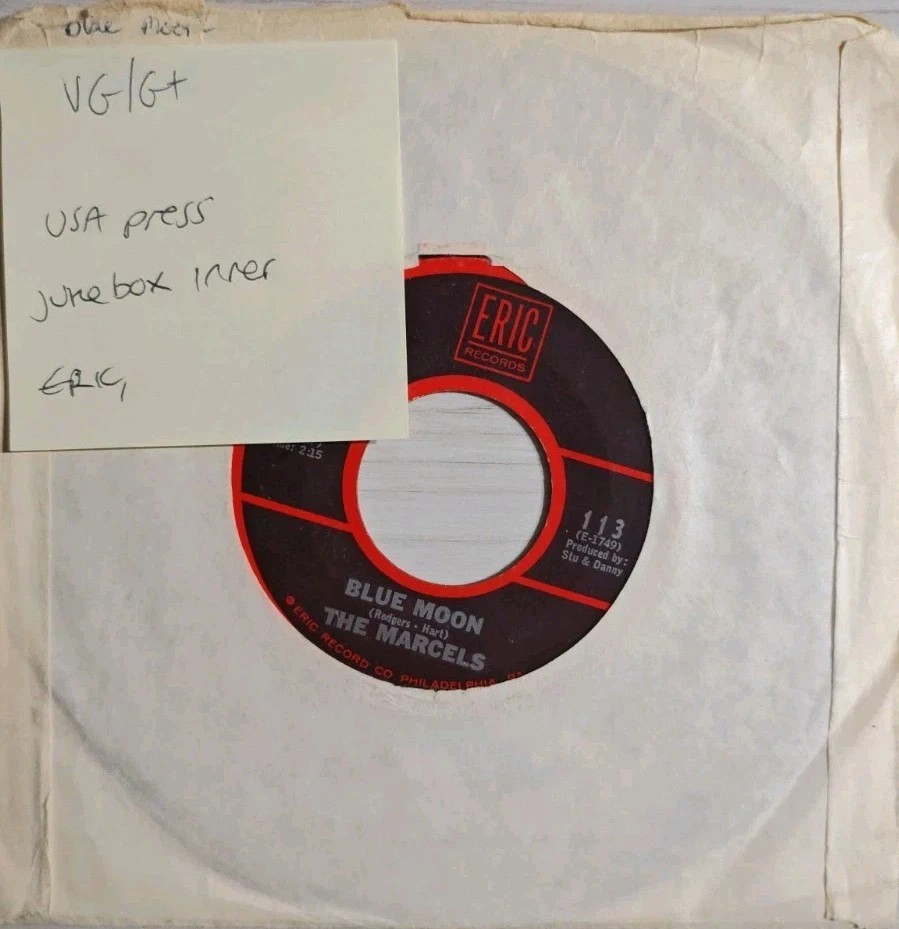 The Marcels Blue Moon Vinyl Record 7" VG/G+ E-1749 sleeve The Marcels Blue Moon Vinyl Record 7" VG/G+ E-1749 sleeve