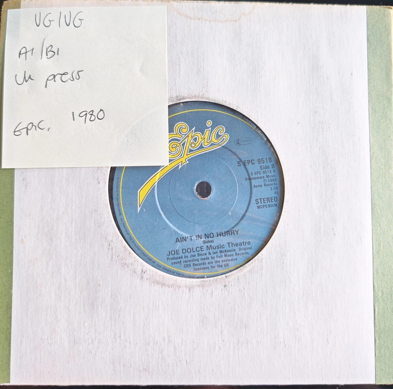 Joe Dolce Music Theatre Ain't In No Hurry Vinyl Record 7" VG/VG EPC 9518 1980 sleeve Joe Dolce Music Theatre Ain't In No Hurry Vinyl Record 7" VG/VG EPC 9518 1980 sleeve