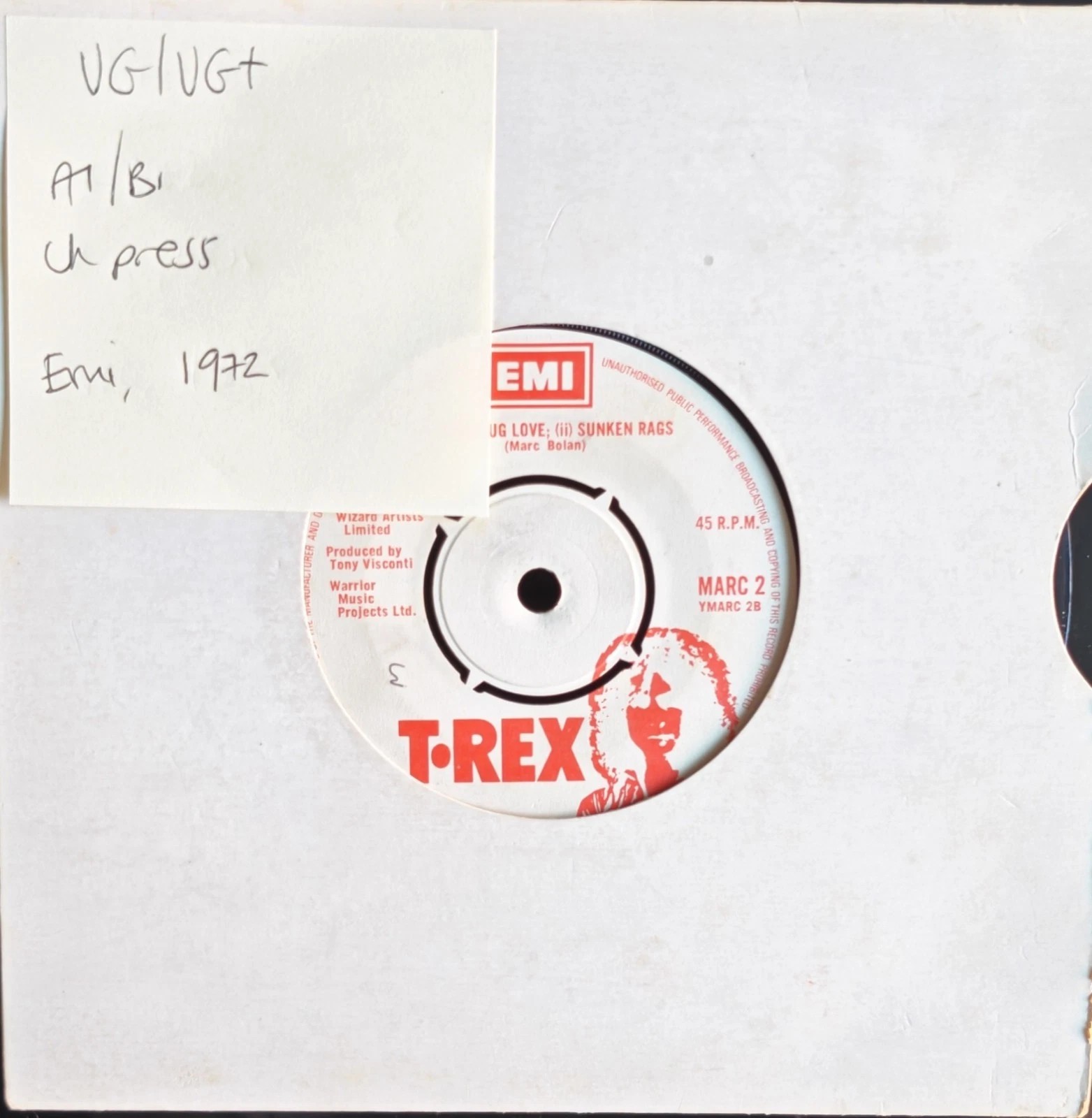 T•Rex Children Of The Revolution Vinyl Record 7" VG/VG+ MARC 2 1972 sleeve T•Rex Children Of The Revolution Vinyl Record 7" VG/VG+ MARC 2 1972 sleeve