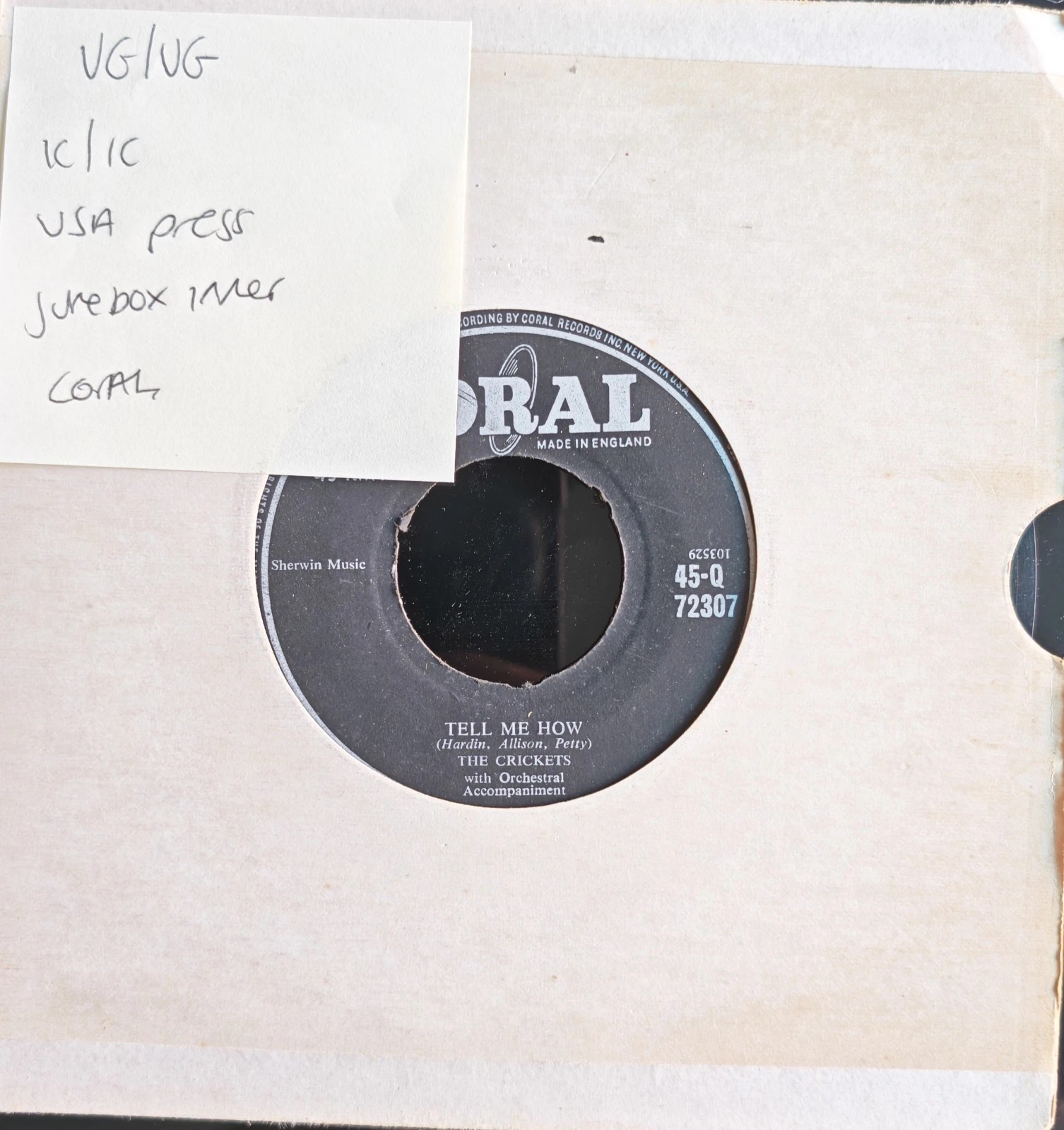 The Crickets Maybe Baby / Tell Me How Vinyl Record 7" VG/VG 45-Q 72307 1958 sleeve The Crickets Maybe Baby / Tell Me How Vinyl Record 7" VG/VG 45-Q 72307 1958 sleeve