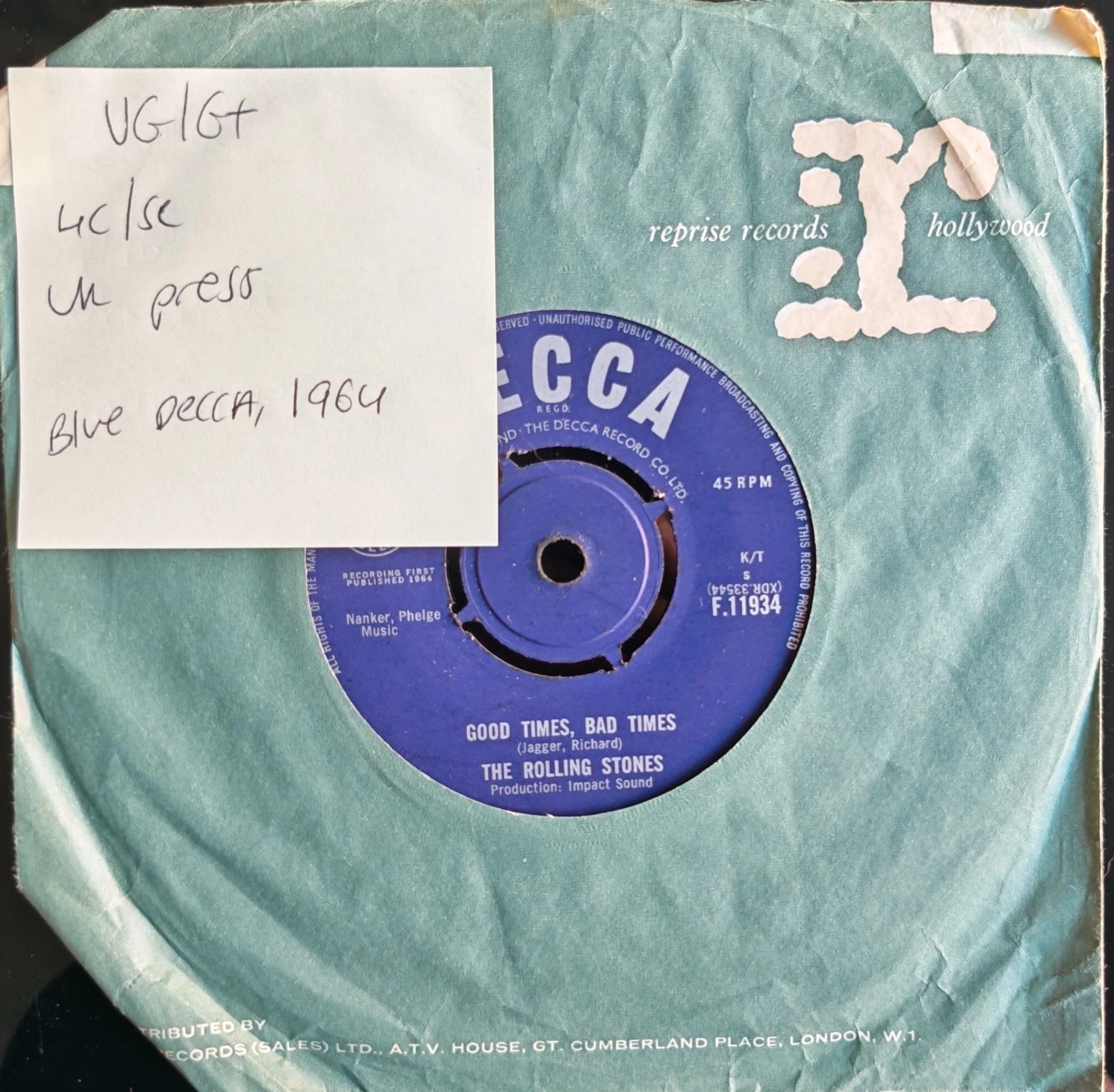 The Rolling Stones It's All Over Now Vinyl Record 7" VG/G+ F11934 sleeve The Rolling Stones It's All Over Now Vinyl Record 7" VG/G+ F11934 sleeve