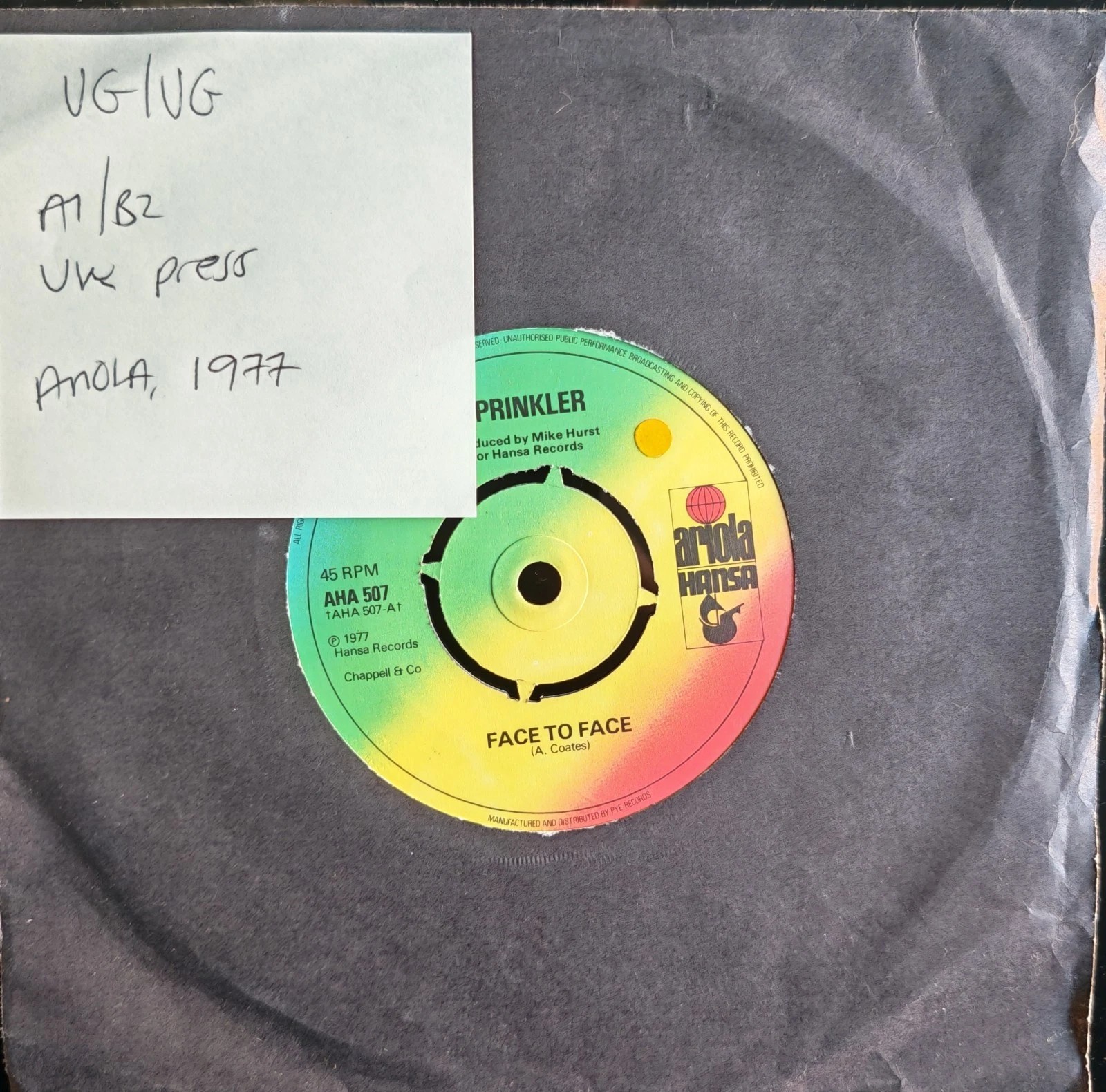 Sprinkler Face To Face Vinyl Record 7" VG/VG AHA507 1977 sleeve Sprinkler Face To Face Vinyl Record 7" VG/VG AHA507 1977 sleeve