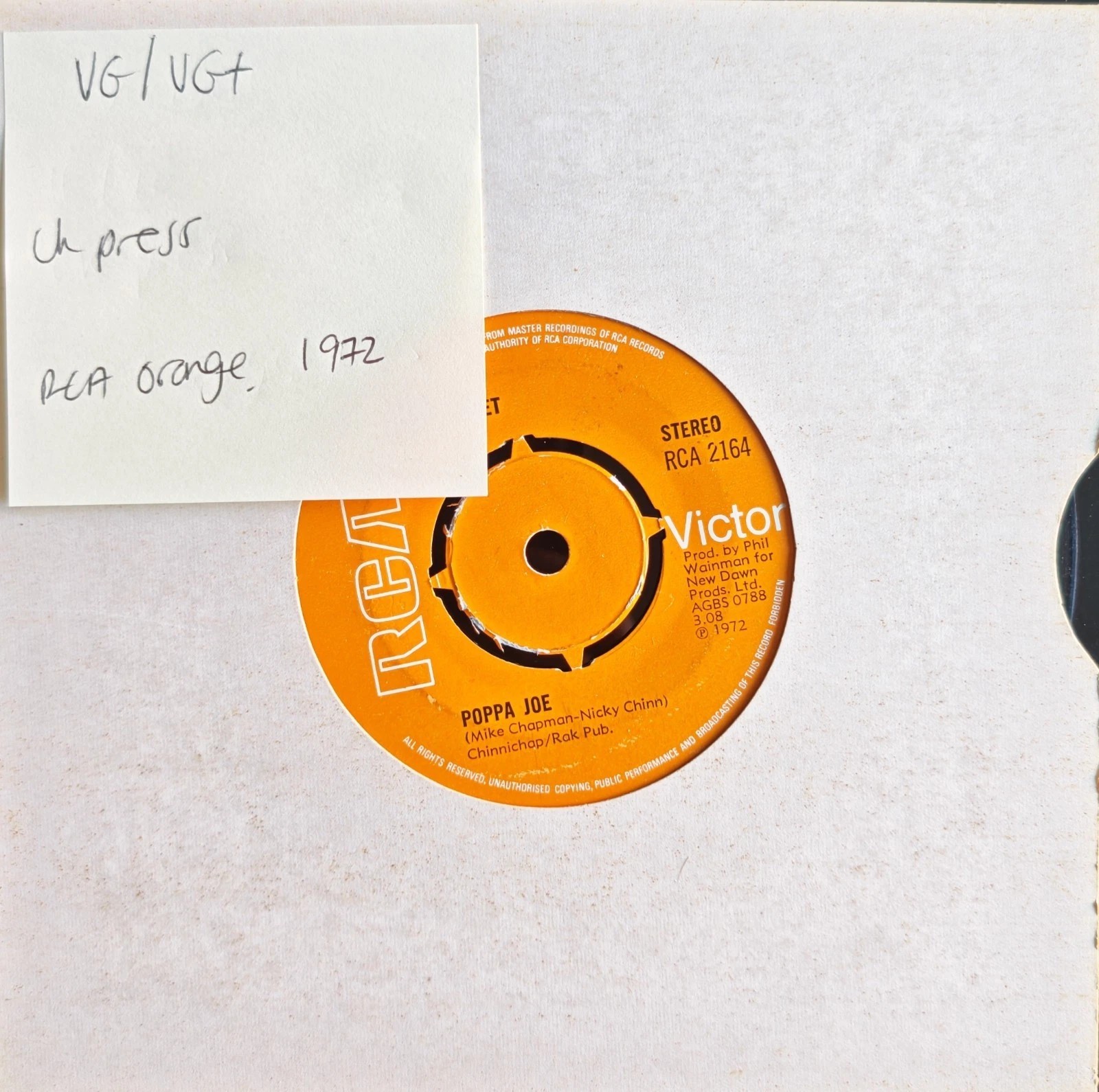 The Sweet Poppa Joe Vinyl Record 7" VG/VG+ RCA 2164 1972 vinyl record sleeve The Sweet Poppa Joe Vinyl Record 7" VG/VG+ RCA 2164 1972 vinyl record sleeve