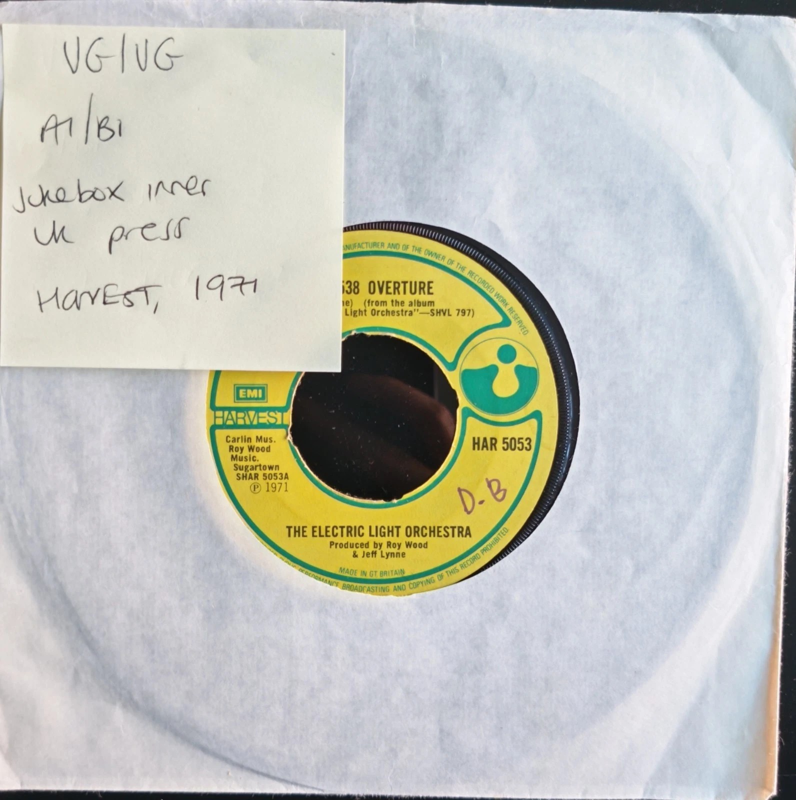 Electric Light Orchestra Overture Vinyl Record 7" VG/VG HAR5053 1971 sleeve Electric Light Orchestra Overture Vinyl Record 7" VG/VG HAR5053 1971 sleeve