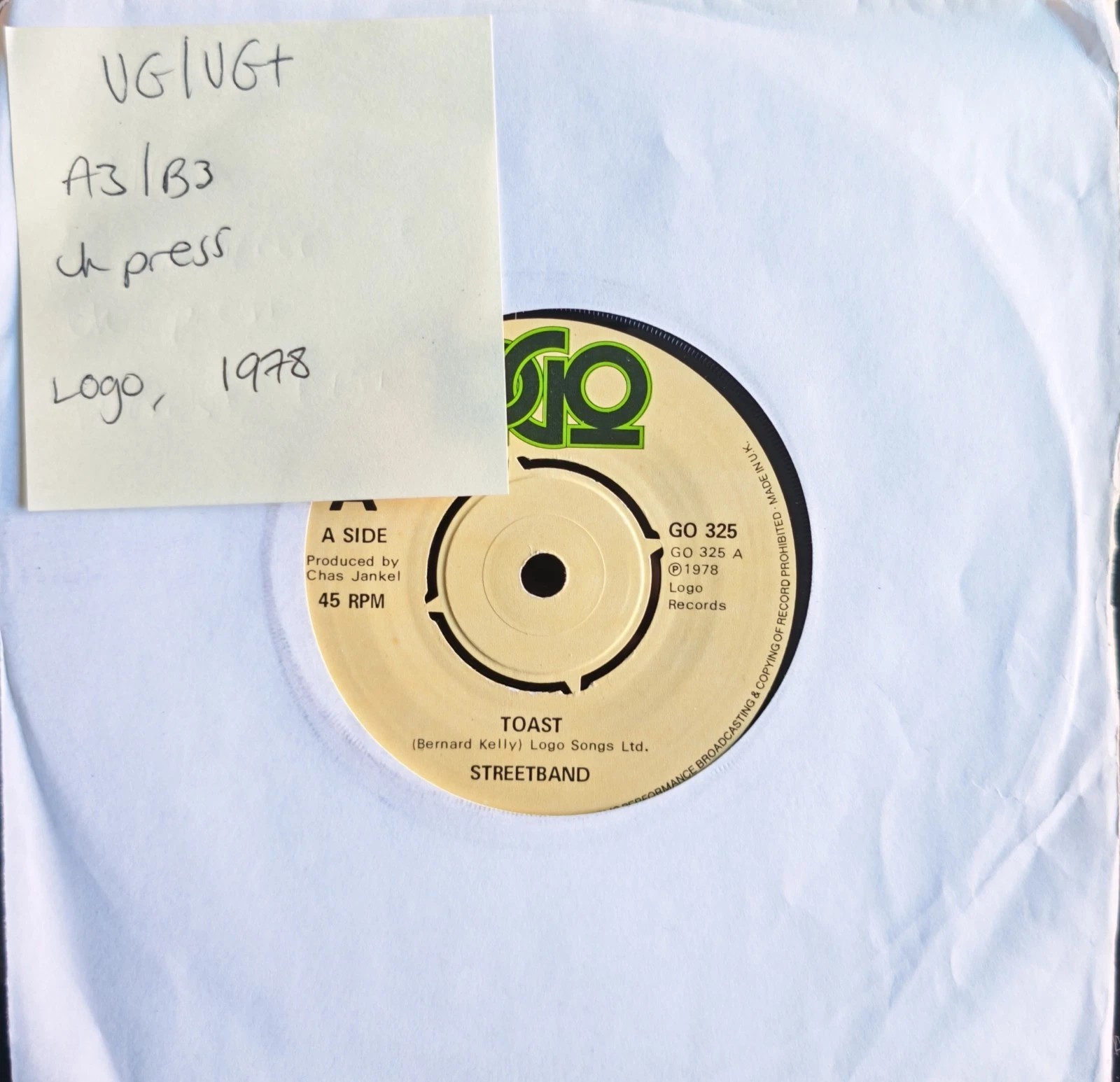 Streetband Toast Vinyl Record 7" VG/VG+ GO 325 1978 sleeve Streetband Toast Vinyl Record 7" VG/VG+ GO 325 1978 sleeve