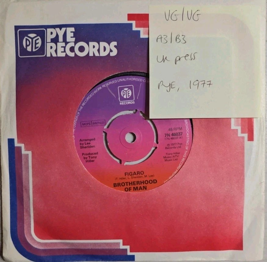 Brotherhood Of Man Figaro Vinyl Record 7" VG/VG 7N 46037 197+ sleeve Brotherhood Of Man Figaro Vinyl Record 7" VG/VG 7N 46037 197+ sleeve