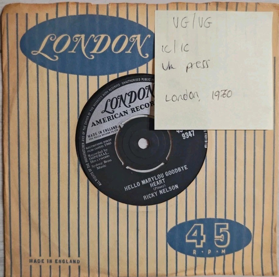 Ricky Nelson Travelin' Man Vinyl Record 7" VG/VG 45-HLP 9347 1960 sleeve Ricky Nelson Travelin' Man Vinyl Record 7" VG/VG 45-HLP 9347 1960 sleeve