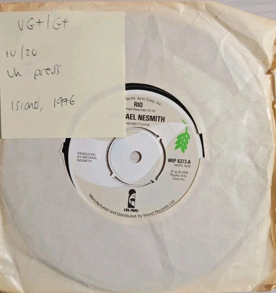 Michael Nesmith Rio Vinyl Record 7" VG+/G+ WIP6373 1976 sleeve Michael Nesmith Rio Vinyl Record 7" VG+/G+ WIP6373 1976 sleeve
