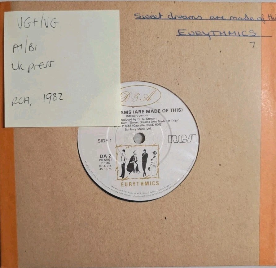 Eurythmics Sweet Dreams (Are Made Of This) Vinyl Record 7" VG+/VG DA2 1982 sleeve Eurythmics Sweet Dreams (Are Made Of This) Vinyl Record 7" VG+/VG DA2 1982 sleeve