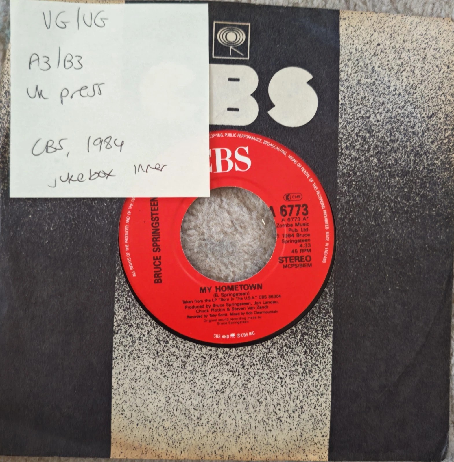 Bruce Springsteen My Hometown / Santa Claus Vinyl Record 7" VG/VG A6773 1985 sleeve Bruce Springsteen My Hometown / Santa Claus Vinyl Record 7" VG/VG A6773 1985 sleeve
