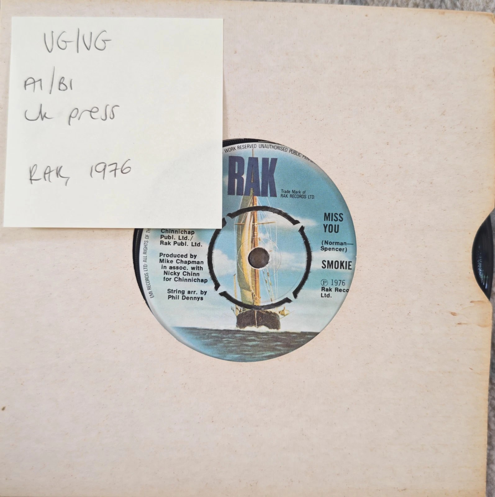 Smokie I'll Meet You At Midnight Vinyl Record 7" VG/VG RAK 241 1976 sleeve Smokie I'll Meet You At Midnight Vinyl Record 7" VG/VG RAK 241 1976 sleeve