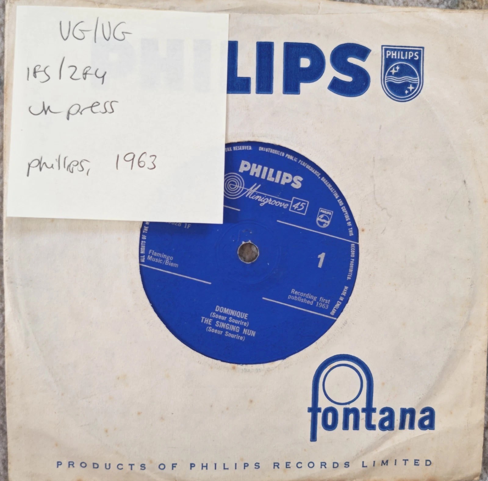 Singing Nun Dominique/Entre Les Etoiles Vinyl Record 7" VG/VG BF 1293 1963 sleeve Singing Nun Dominique/Entre Les Etoiles Vinyl Record 7" VG/VG BF 1293 1963 sleeve