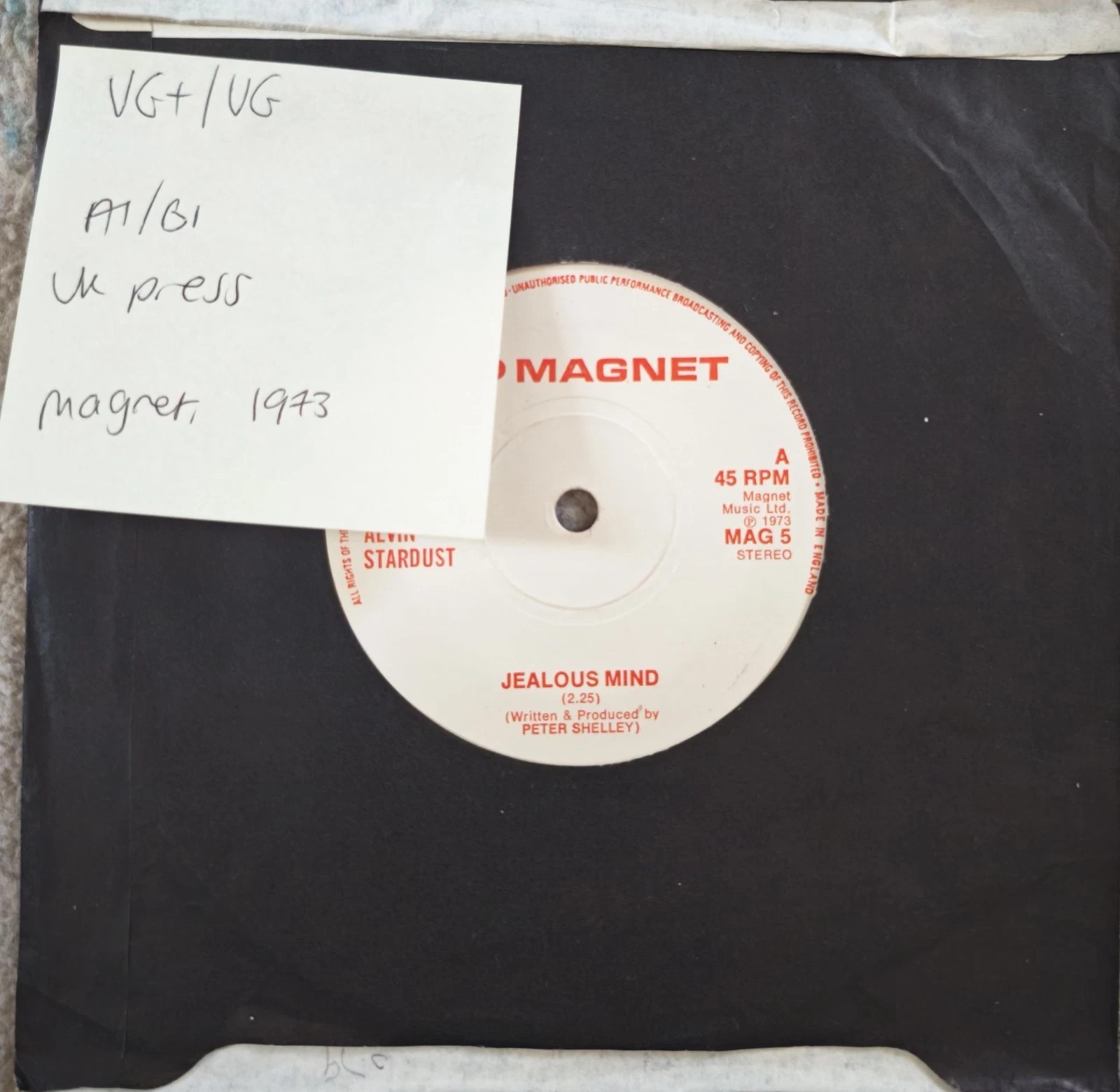 Alvin Stardust Jealous Mind Vinyl Record 7" VG+/VG MAG 5 1973 sleeve Alvin Stardust Jealous Mind Vinyl Record 7" VG+/VG MAG 5 1973 sleeve