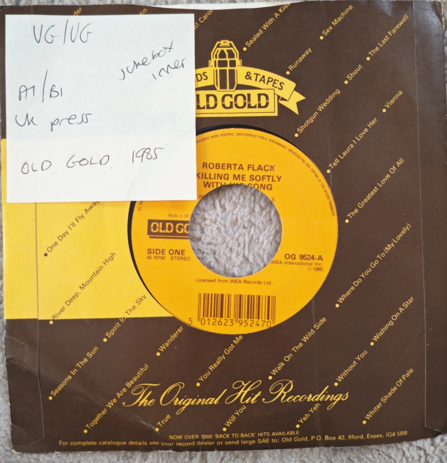 Roberta Flack Killing Me Softly With His Song Vinyl Record 7" VG/VG OG 9524 1985 sleeve Roberta Flack Killing Me Softly With His Song Vinyl Record 7" VG/VG OG 9524 1985 sleeve