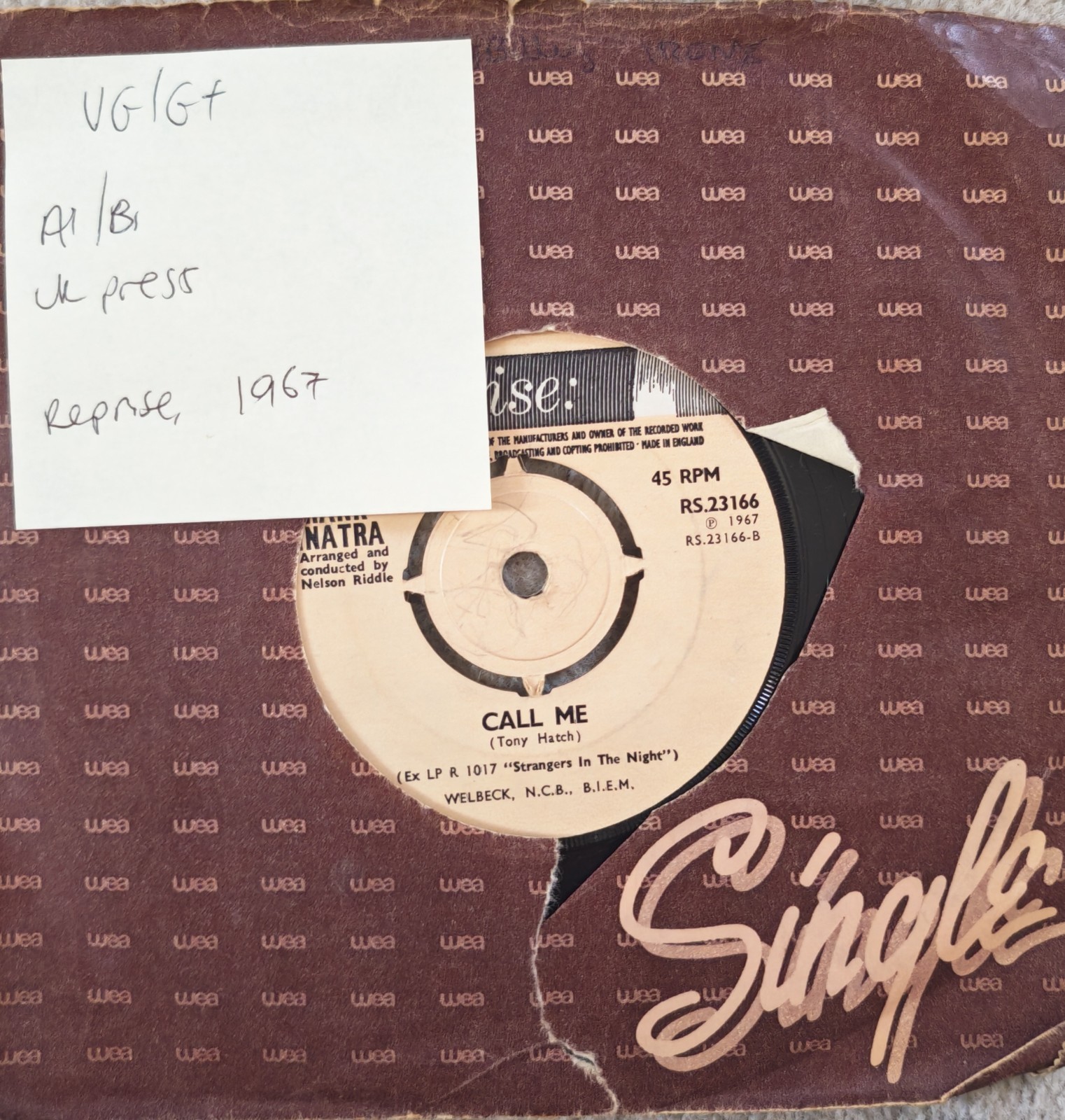Nancy Sinatra And Frank Sinatra Somethin' Stupid Vinyl Record 7" VG/G+ RS.23166 sleeve Nancy Sinatra And Frank Sinatra Somethin' Stupid Vinyl Record 7" VG/G+ RS.23166 sleeve