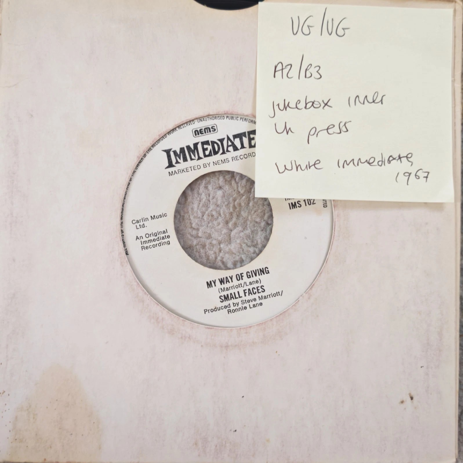 Small Faces Itchycoo Park Vinyl Record 7" VG/VG IMS 102 1967 vinyl record sleeve Small Faces Itchycoo Park Vinyl Record 7" VG/VG IMS 102 1967 vinyl record sleeve