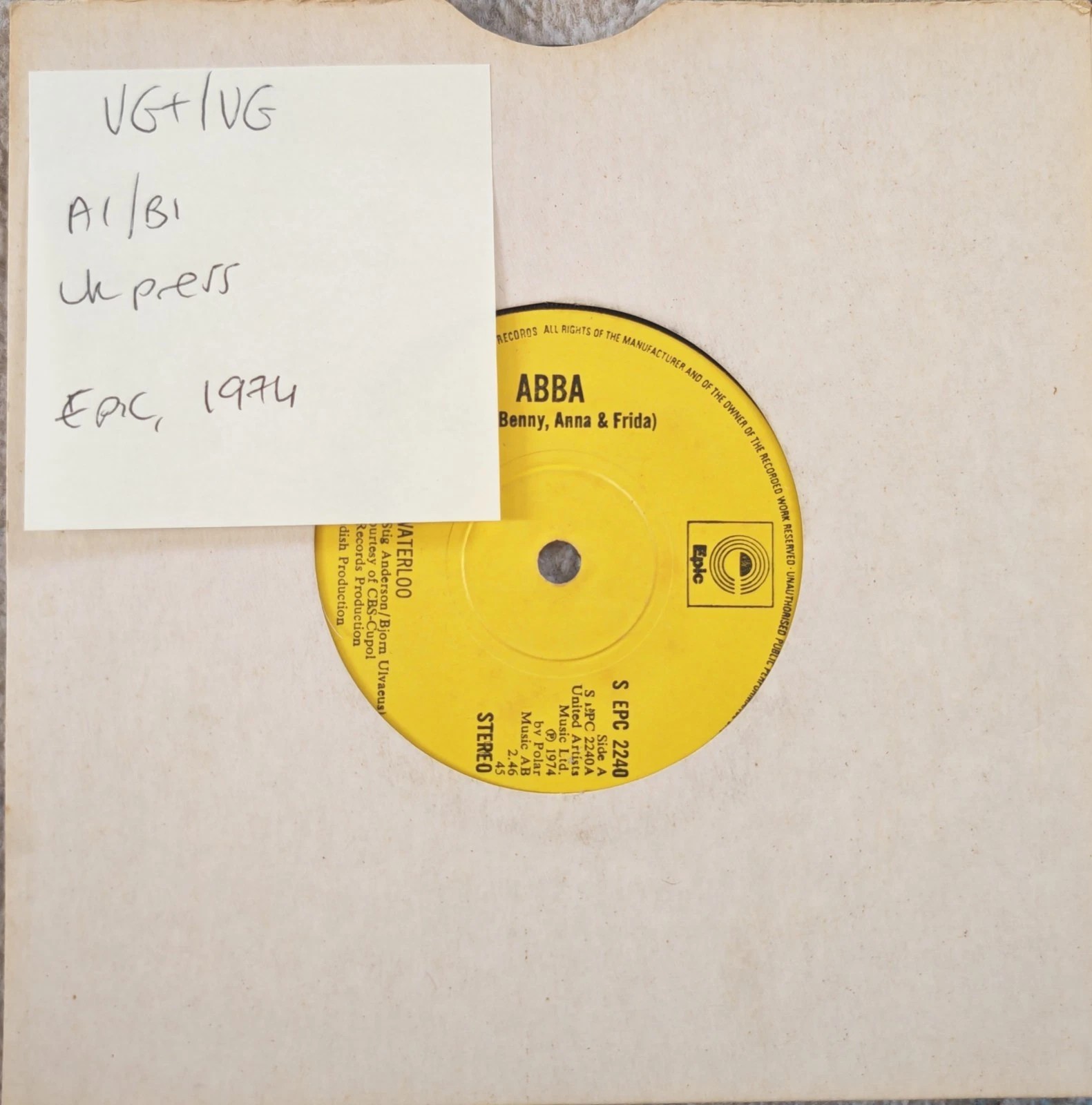 Abba Waterloo Vinyl Record 7" VG+/VG EPC 2240 1974 sleeve Abba Waterloo Vinyl Record 7" VG+/VG EPC 2240 1974 sleeve