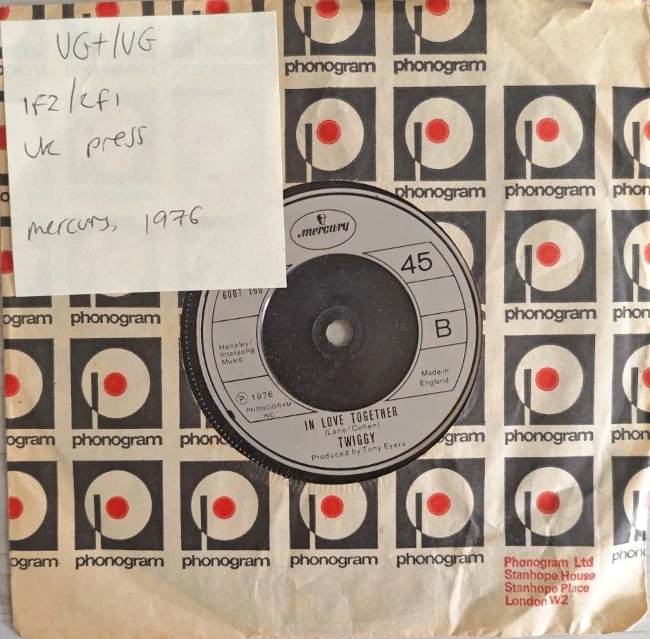 Twiggy Here I Go Again/ In Love Together Vinyl Record 7" VG+/VG 6007100 1976 sleeve Twiggy Here I Go Again/ In Love Together Vinyl Record 7" VG+/VG 6007100 1976 sleeve