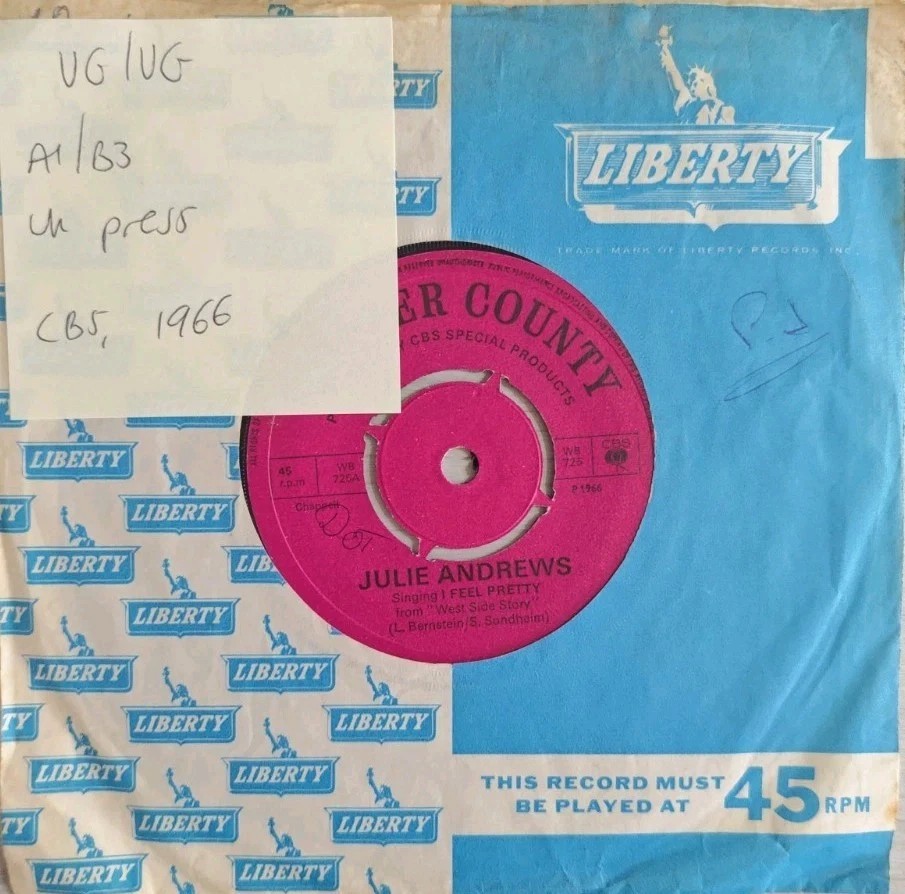 Julie Andrews & Johnny Mathis I Feel Pretty/ Maria Vinyl Record 7" VG/VG WB 725 sleeve Julie Andrews & Johnny Mathis I Feel Pretty/ Maria Vinyl Record 7" VG/VG WB 725 sleeve