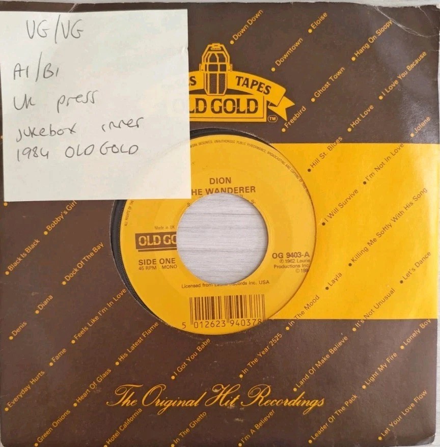 Dion The Wanderer / Lovers Who Wander Vinyl Record 7" VG/VG OG 9403 1984 sleeve Dion The Wanderer / Lovers Who Wander Vinyl Record 7" VG/VG OG 9403 1984 sleeve