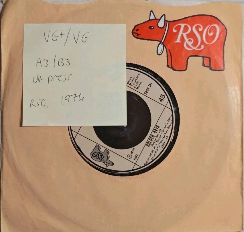 Jack Bruce Keep It Down / Golden Days Vinyl Record 7" VG+/VG RSO 2090141 1974 sleeve Jack Bruce Keep It Down / Golden Days Vinyl Record 7" VG+/VG RSO 2090141 1974 sleeve