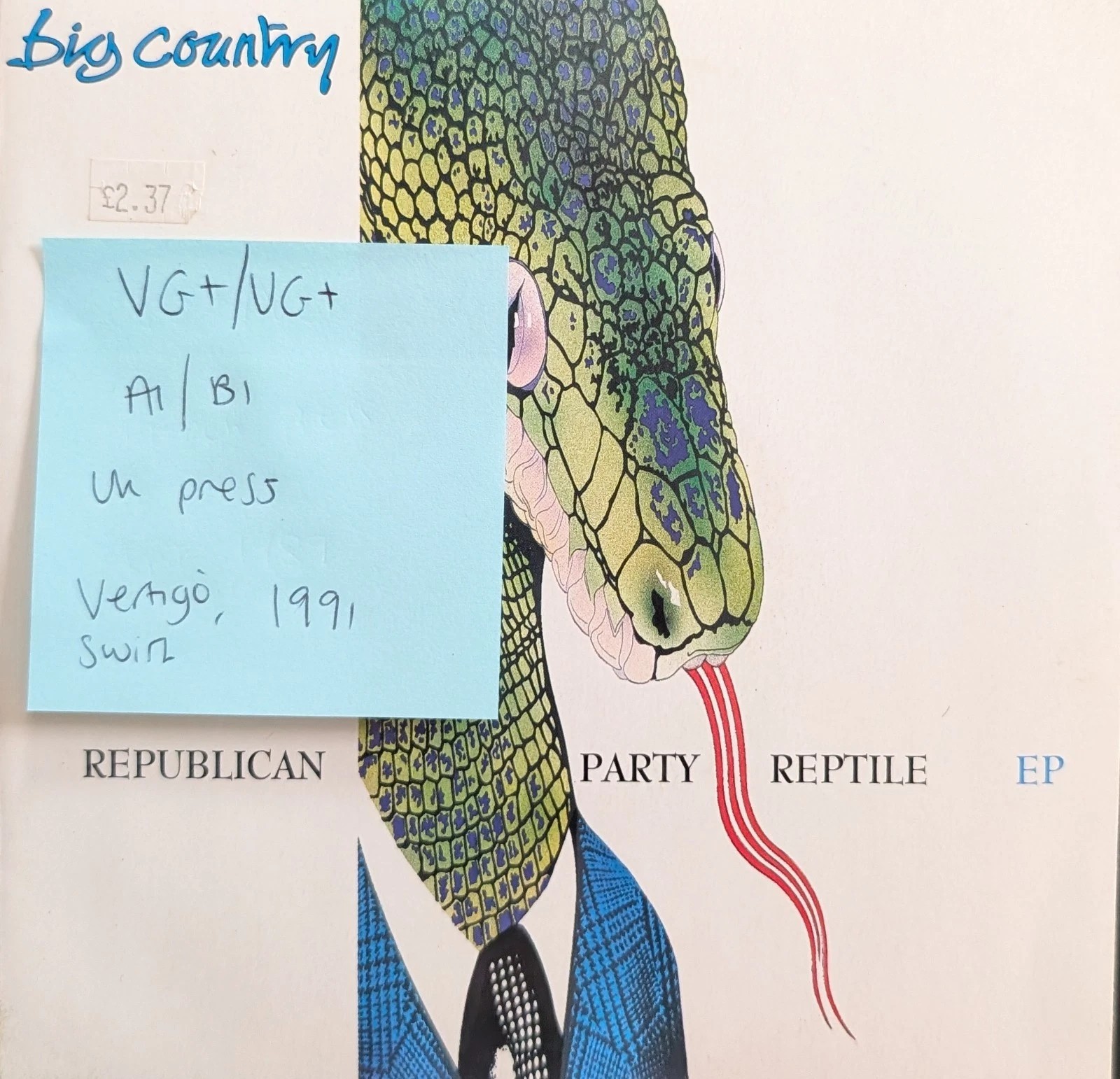 Big Country Republican Party Reptile Vinyl Record 7" VG+/VG+ BIC1 Vertigo Swirl sleeve Big Country Republican Party Reptile Vinyl Record 7" VG+/VG+ BIC1 Vertigo Swirl sleeve