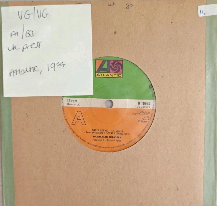 The Manhattan Transfer Don't Let Go Vinyl Record 7" VG/VG K10930 1977 sleeve The Manhattan Transfer Don't Let Go Vinyl Record 7" VG/VG K10930 1977 sleeve