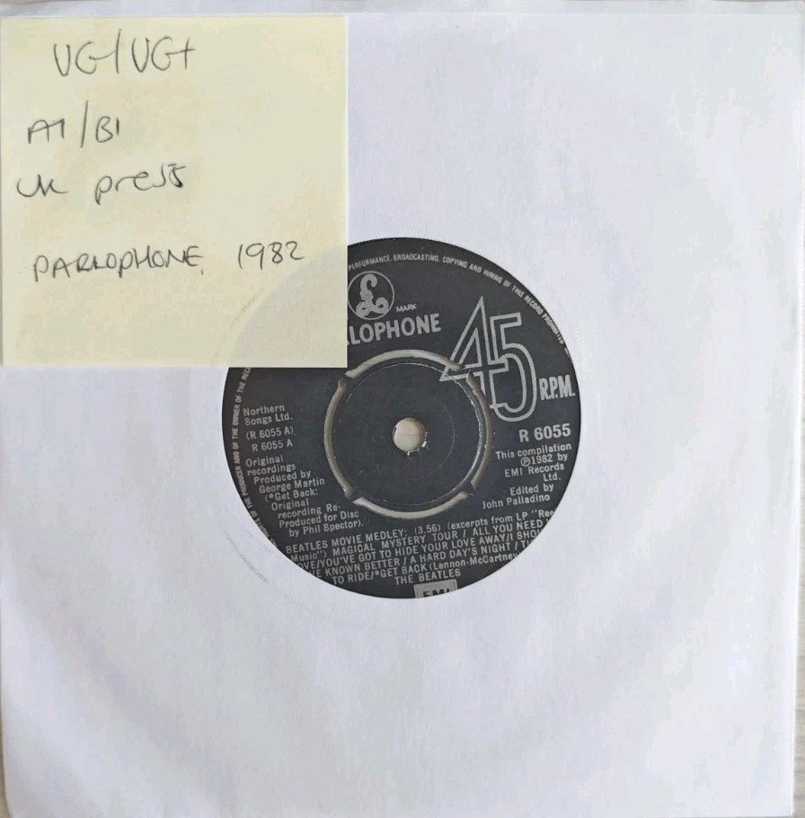 The Beatles Movie Medley Vinyl Record 7" VG/VG+ R6055 1982 sleeve The Beatles Movie Medley Vinyl Record 7" VG/VG+ R6055 1982 sleeve