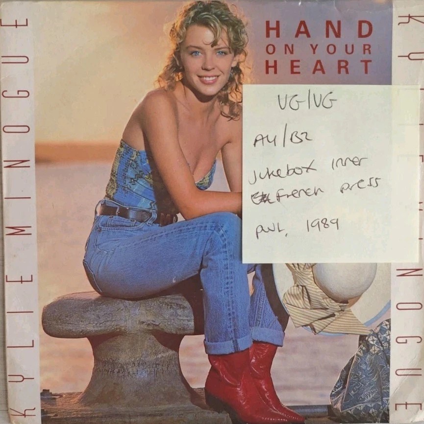 Kylie Minogue Hand On Your Heart Vinyl Record 7" VG/VG PWL35 1989 vinyl record sleeve Kylie Minogue Hand On Your Heart Vinyl Record 7" VG/VG PWL35 1989 vinyl record sleeve