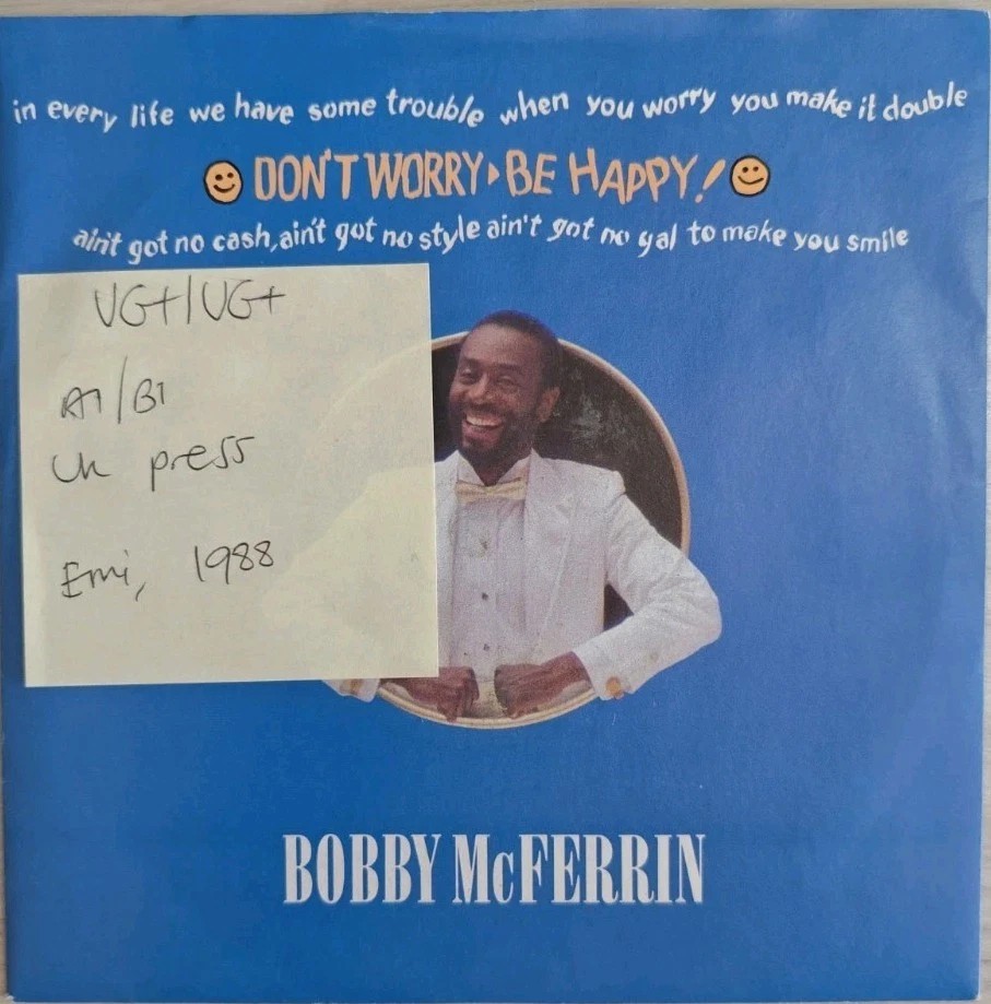 Bobby McFerrin Don't Worry Be Happy Vinyl Record 7" VG+/VG+ MT 56 1988 sleeve Bobby McFerrin Don't Worry Be Happy Vinyl Record 7" VG+/VG+ MT 56 1988 sleeve