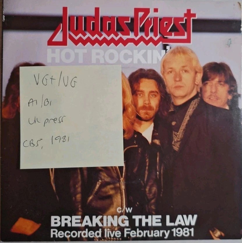 Judas Priest Hot Rockin/ Breaking The Law Vinyl Record 7" VG+/VG CBSA1153 1981 vinyl record sleeve Judas Priest Hot Rockin/ Breaking The Law Vinyl Record 7" VG+/VG CBSA1153 1981 vinyl record sleeve