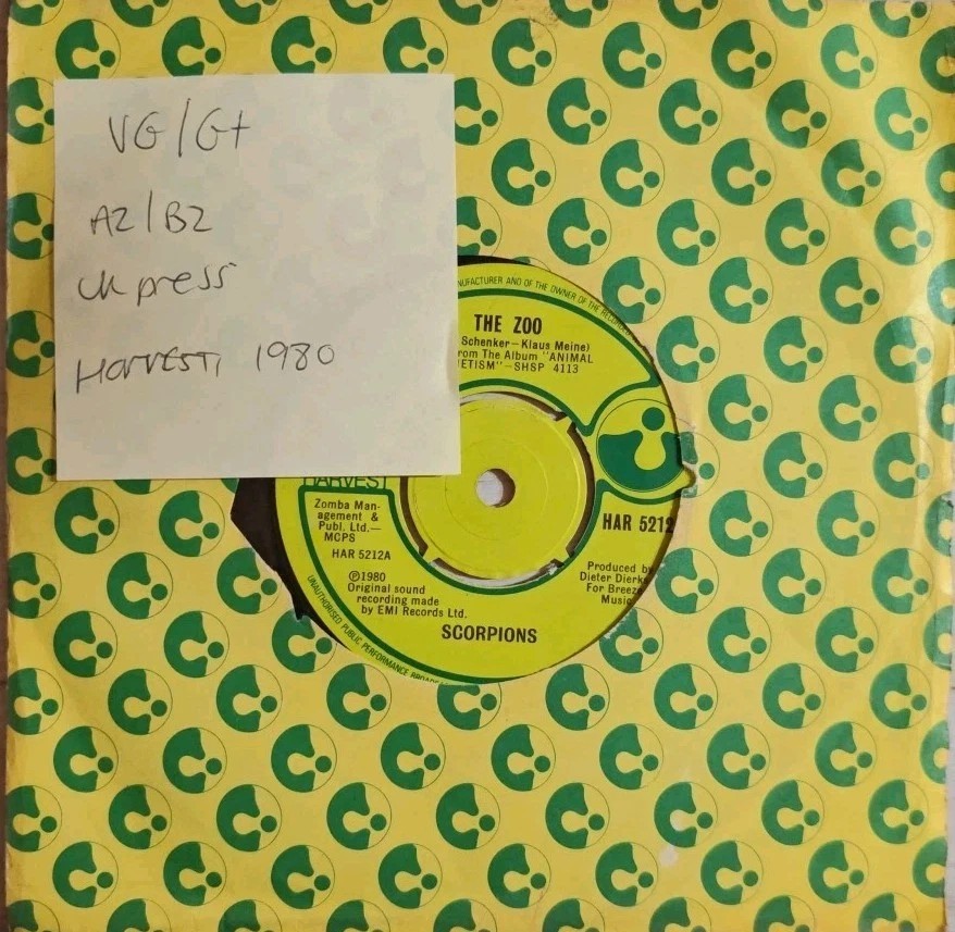 Scorpions The Zoo Vinyl Record 7" VG/G+ HAR 5212 1980 vinyl record sleeve Scorpions The Zoo Vinyl Record 7" VG/G+ HAR 5212 1980 vinyl record sleeve