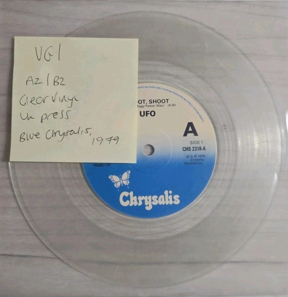 UFO Shoot Shoot Clear Vinyl Record 7" VG CHS2318 1979 sleeve UFO Shoot Shoot Clear Vinyl Record 7" VG CHS2318 1979 sleeve