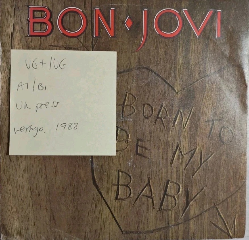 Bon Jovi Born To Be My Baby Vinyl Record 7" VG+/VG JOV 4 1988 vinyl record sleeve Bon Jovi Born To Be My Baby Vinyl Record 7" VG+/VG JOV 4 1988 vinyl record sleeve
