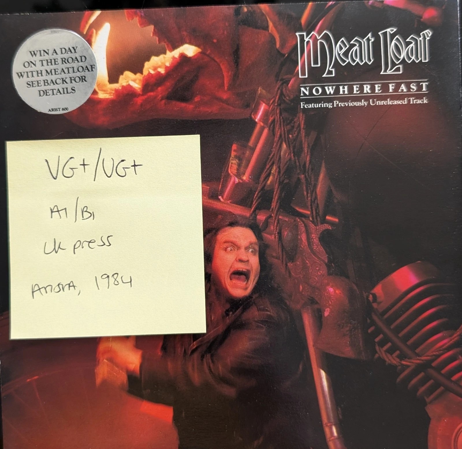 Meat Loaf Nowhere Fast Vinyl Record 7" VG+/VG+ ARIST600 1984 vinyl record sleeve Meat Loaf Nowhere Fast Vinyl Record 7" VG+/VG+ ARIST600 1984 vinyl record sleeve